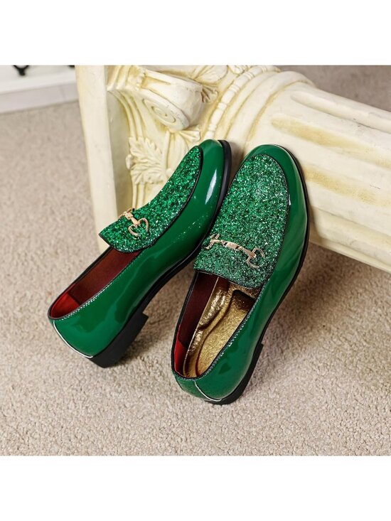 Men\'s Green Rubber Sole Leather Sparkly Sequins Loafers Gold Buckle Party Shoes main image 7